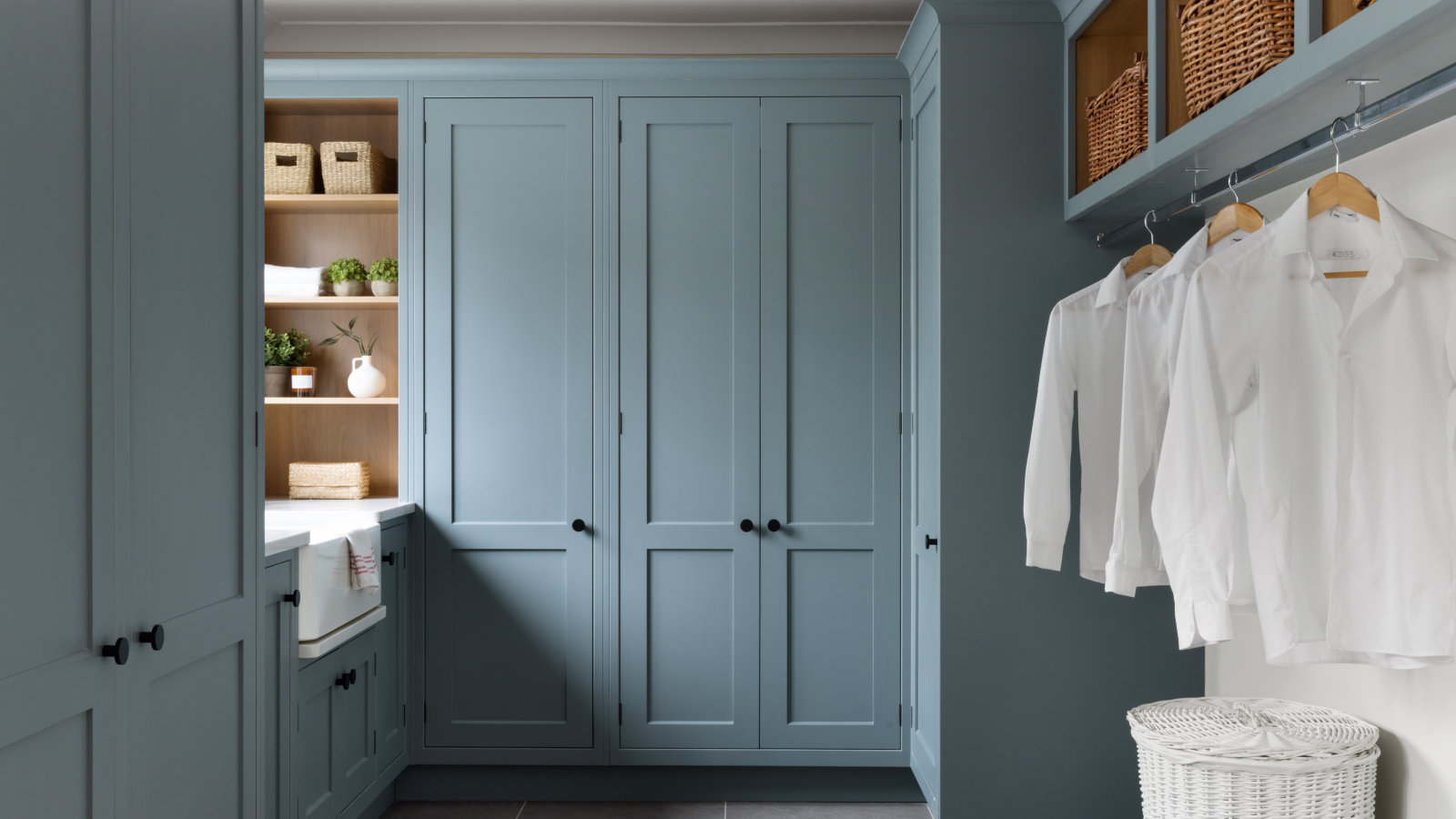 Searle &amp; Taylor Utility Room with powder blue cabinets