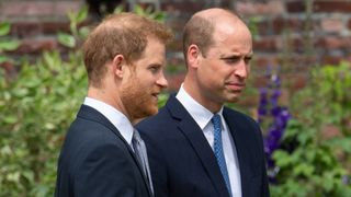Prince Harry, Duke of Sussex and Prince William, Duke of Cambridge during the unveiling of a statue they commissioned of their mother Diana, Princess of Wales