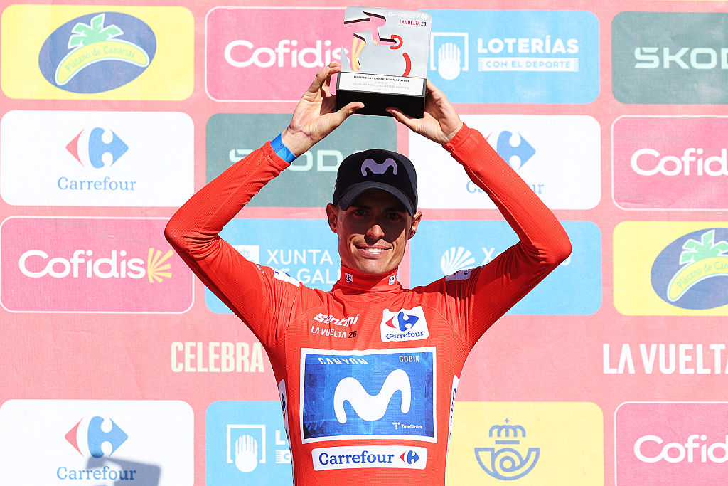COLLADO DEL AGUACIL, SPAIN - SEPTEMBER 12: Enric Mas of Spain and Movistar Team celebrates at podium as Red Leader Jersey winner during the La Vuelta - 81st Tour of Spain 2026, Stage 20 a 210.8km stage from La Calahorra to Collado del Alguacil 1887m / #UCIWT / on September 12, 2026 in Collado del Alguacil, Spain. (Photo by Alexander Hassenstein/Getty Images)