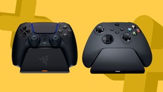 Razer Quick Charging Stand PS5 and Xbox models on a yellow background