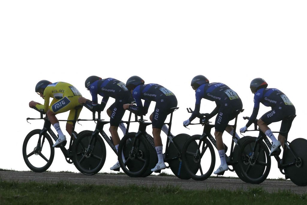 Groupama-FDJ New Zealand Cyclist Laurence Pithie (L) and his team competes during the 3rd stage of the Paris-Nice cycling race, 26,9 km team time trial between Auxerre and Auxerre, on March 5, 2024. (Photo by Thomas SAMSON / AFP)