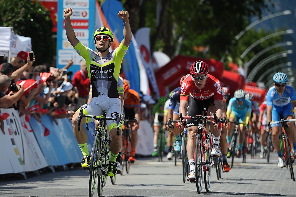 Jakub Mareczko of Southeast-Venezuela reacts after winning Stage 5 of the 2016 Tour of Turkey