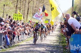 Riders tackling the famous Arenberg cobbles during the 2022 Paris-Roubaix