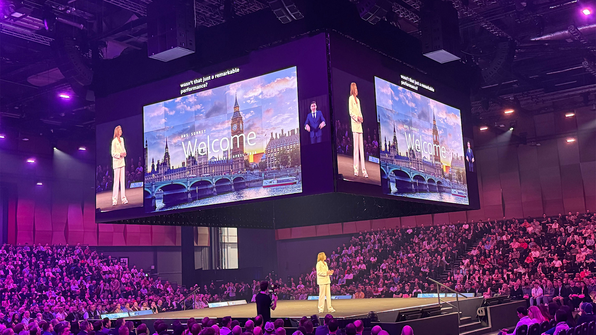 Alison Kay, VP and managing director for UK & Ireland at Amazon Web Services (AWS), pictured on stage at the AWS Summit London at the Excel. 
