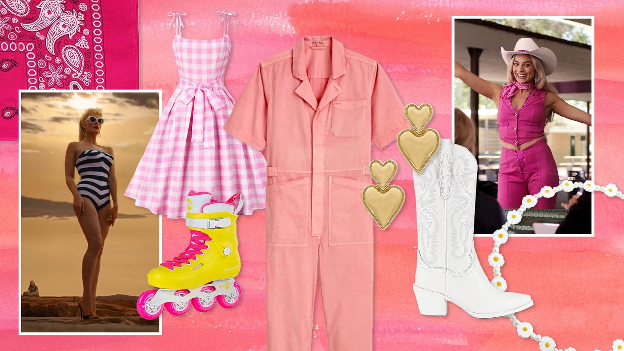 Collage of pink plaid dress, yellow roller skates, pink jumpsuit, and margot Robbie in Barbie 