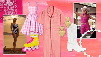 Collage of pink plaid dress, yellow roller skates, pink jumpsuit, and margot Robbie in Barbie 