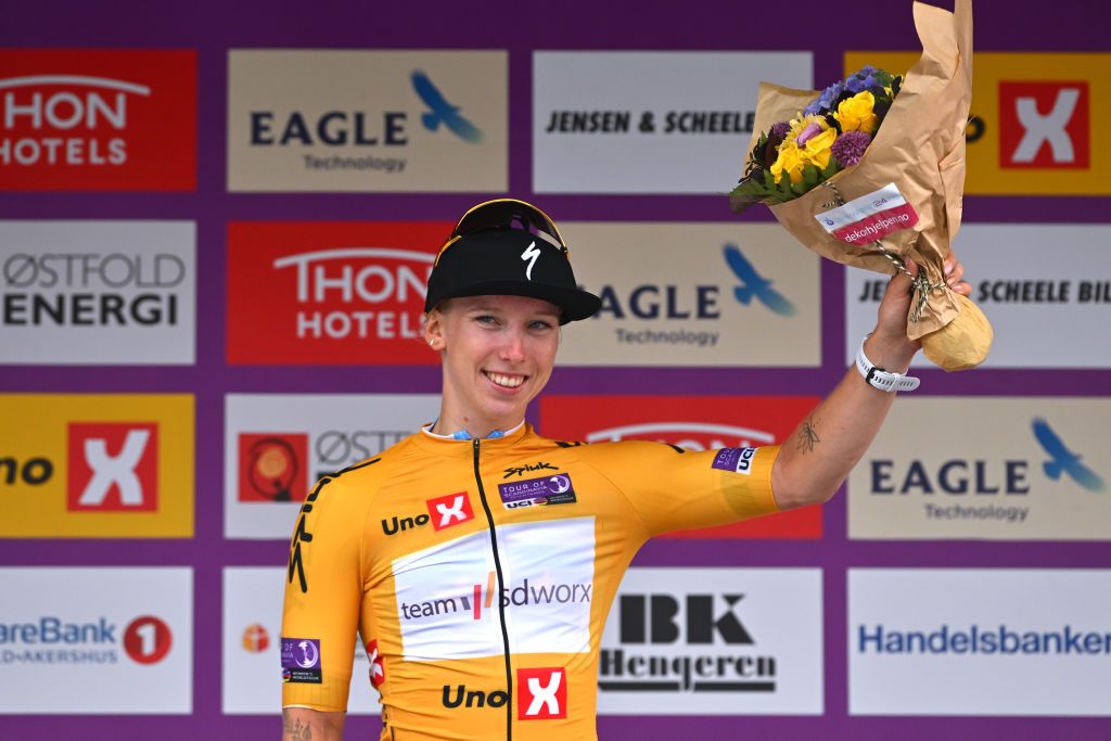 HALDEN NORWAY AUGUST 23 Lorena Wiebes of The Netherlands and Team SD Worx celebrates at podium as Yellow Leader Jersey winner during the 9th Tour of Scandinavia 2023 Battle Of The North Stage 1 a 1246km stage from Mysen to Halden UCIWWT on August 23 2023 in Halden Norway Photo by Luc ClaessenGetty Images
