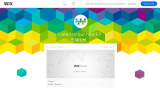 The main page of a music template for Wix, showing a box for a demo album and a multicoloured background.