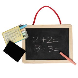 wooden chalkboard with red handle and coloured chalks in chalkbox