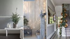 Compilation of three neutral hallways with Christmas decorations to support how to style a hallway for Christmas ready for guests
