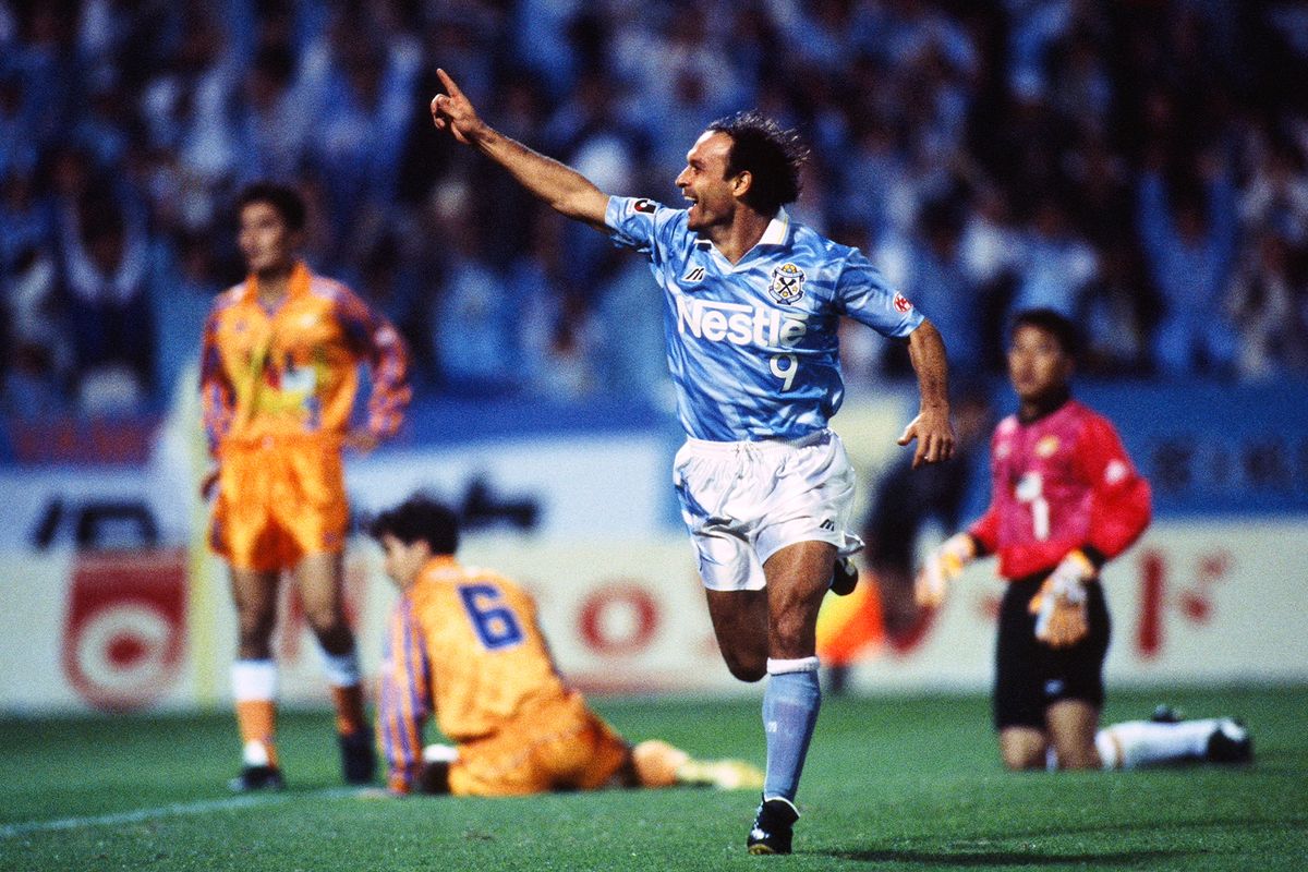 Salvatore Schillaci celebrates after scoring for Jubilo Iwata, 1994
