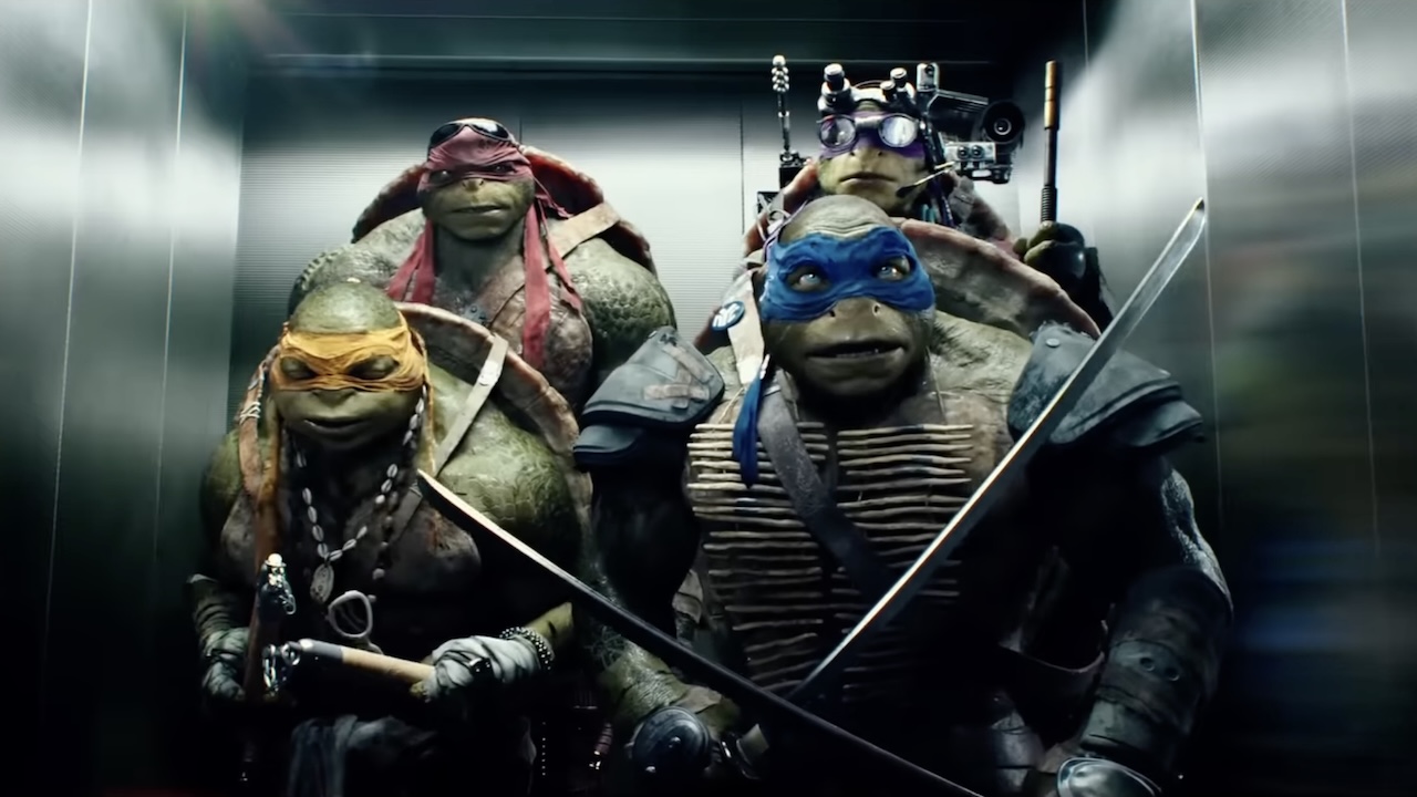 Leonardo, Donatello, Michelangelo and Raphael packed into an elevator in their 2014 movie