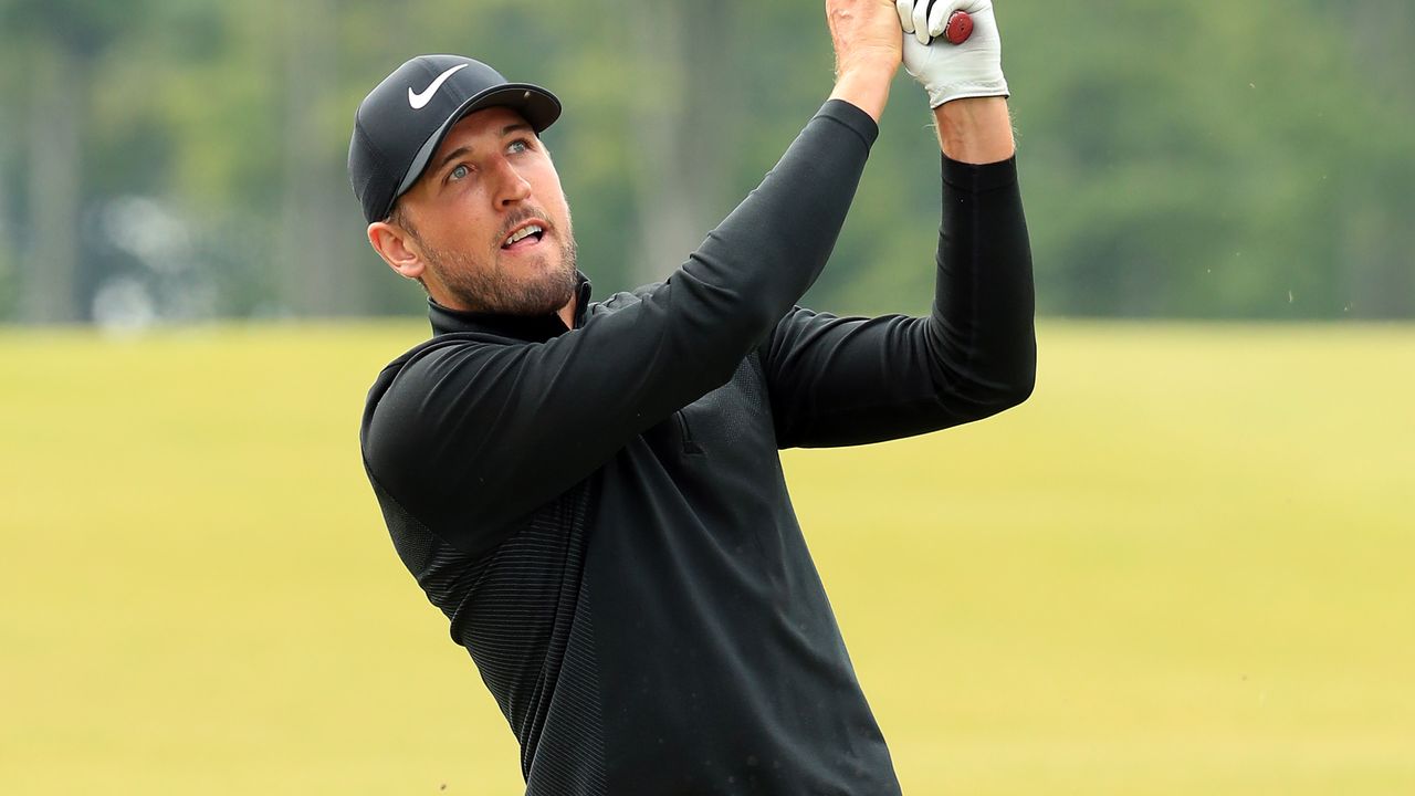 Harry Kane takes a shot in the pro-am for the 2019 Scottish Open