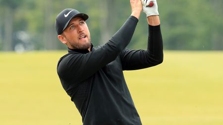 Harry Kane takes a shot in the pro-am for the 2019 Scottish Open