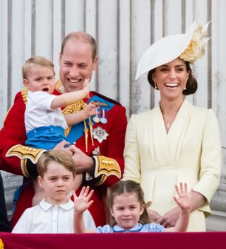 Prince Louis, Prince George, Prince William, Duke of Cambridge, Princess Charlotte and Catherine, Duchess of Cambridge appear on the balcony during Trooping The Colour, the Queen's annual birthday parade, on June 08, 2019 in London, England