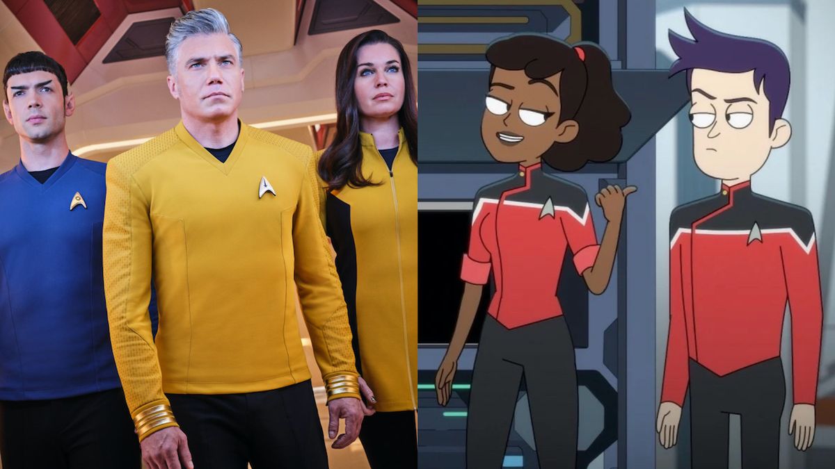 Side-by-side pictures of Star Trek: Strange New Worlds and Star Trek: Lower Decks&#039; main characters