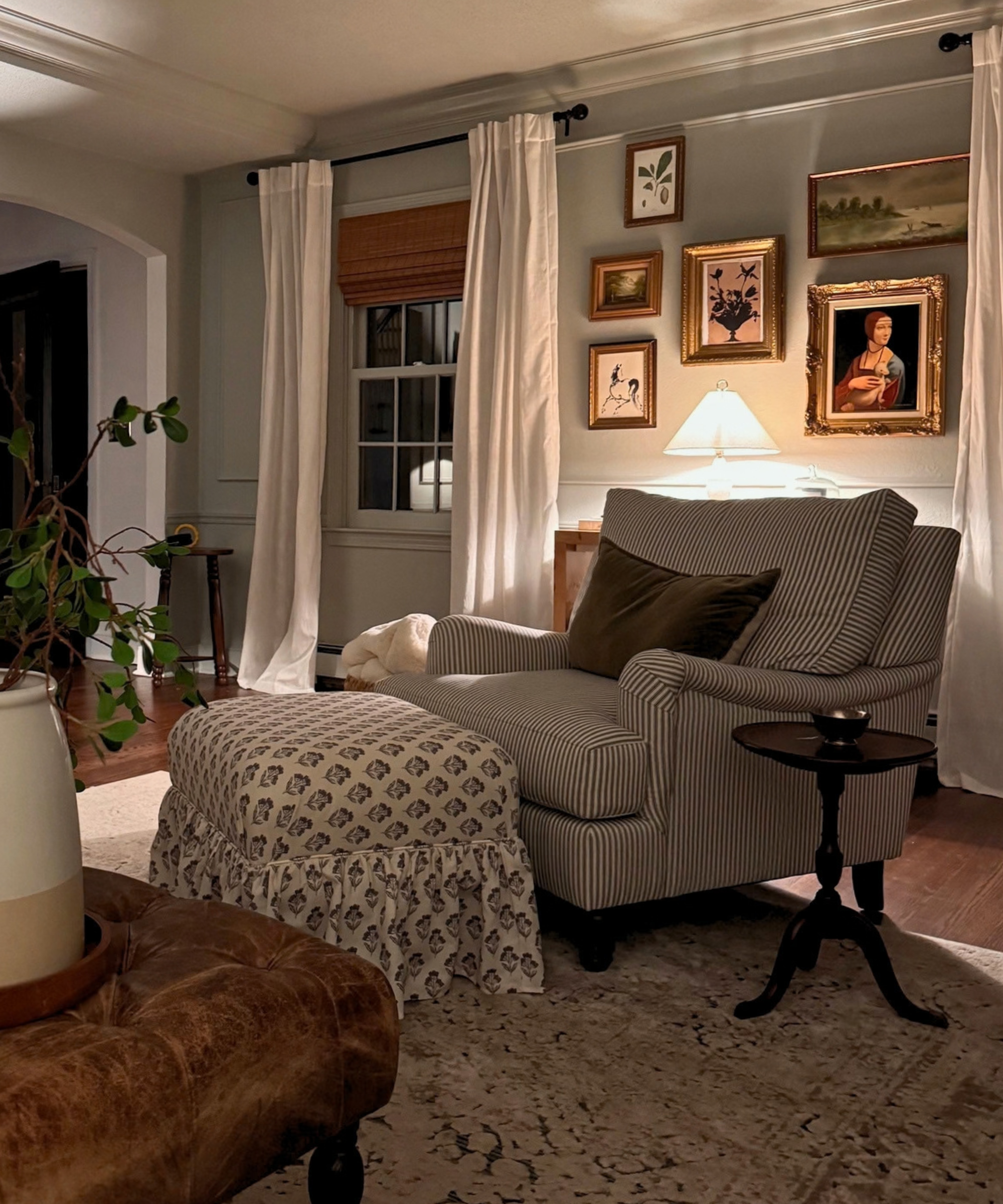 living room with floral ottoman