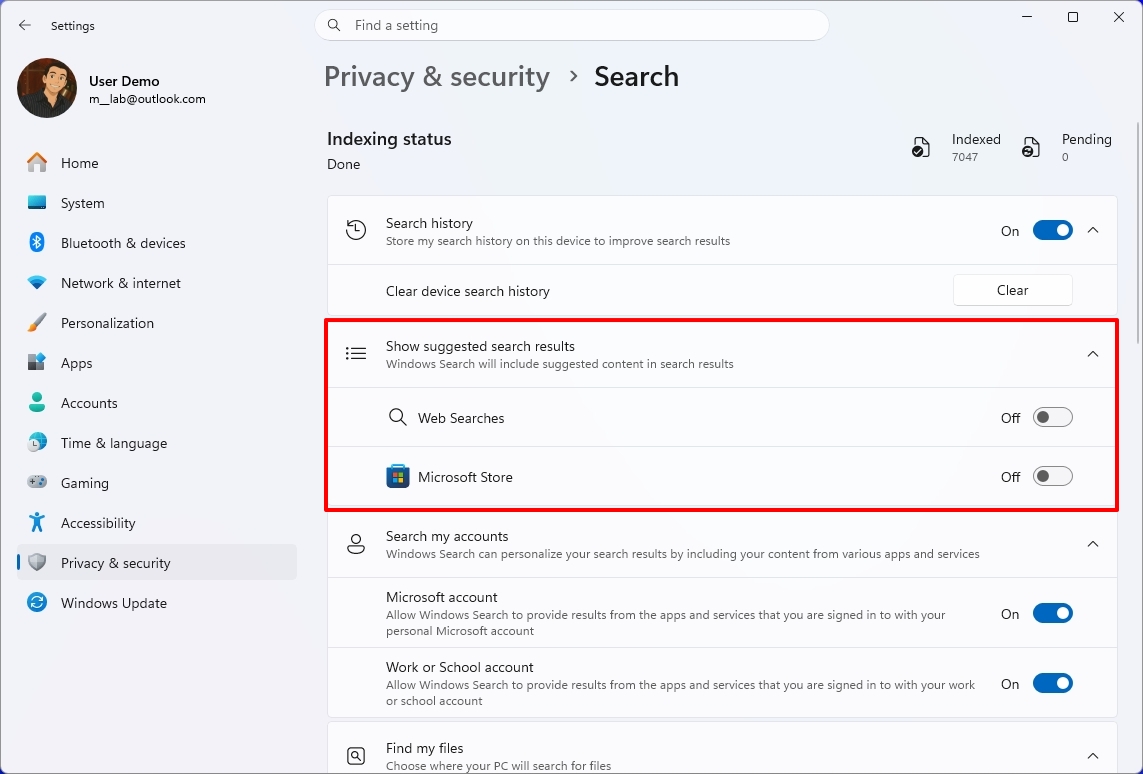 Windows 11 Settings on the Search page highlighting new Web Searches and Microsoft Store toggles.