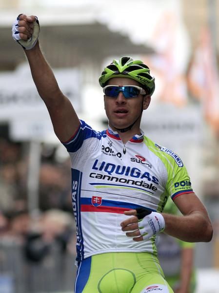 The Slovakian champion Peter Sagan celebrates his victory in Chieti.