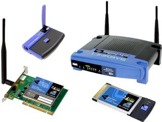 A typical family of Wi-Fi 2.4 GHz band (802.11g) wireless products, including a wireless router, USB, CardBus, and PCI wireless network adapters. (Photos courtesy of Cisco.)