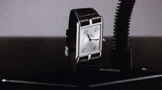 Black and white image of a Cartier watch