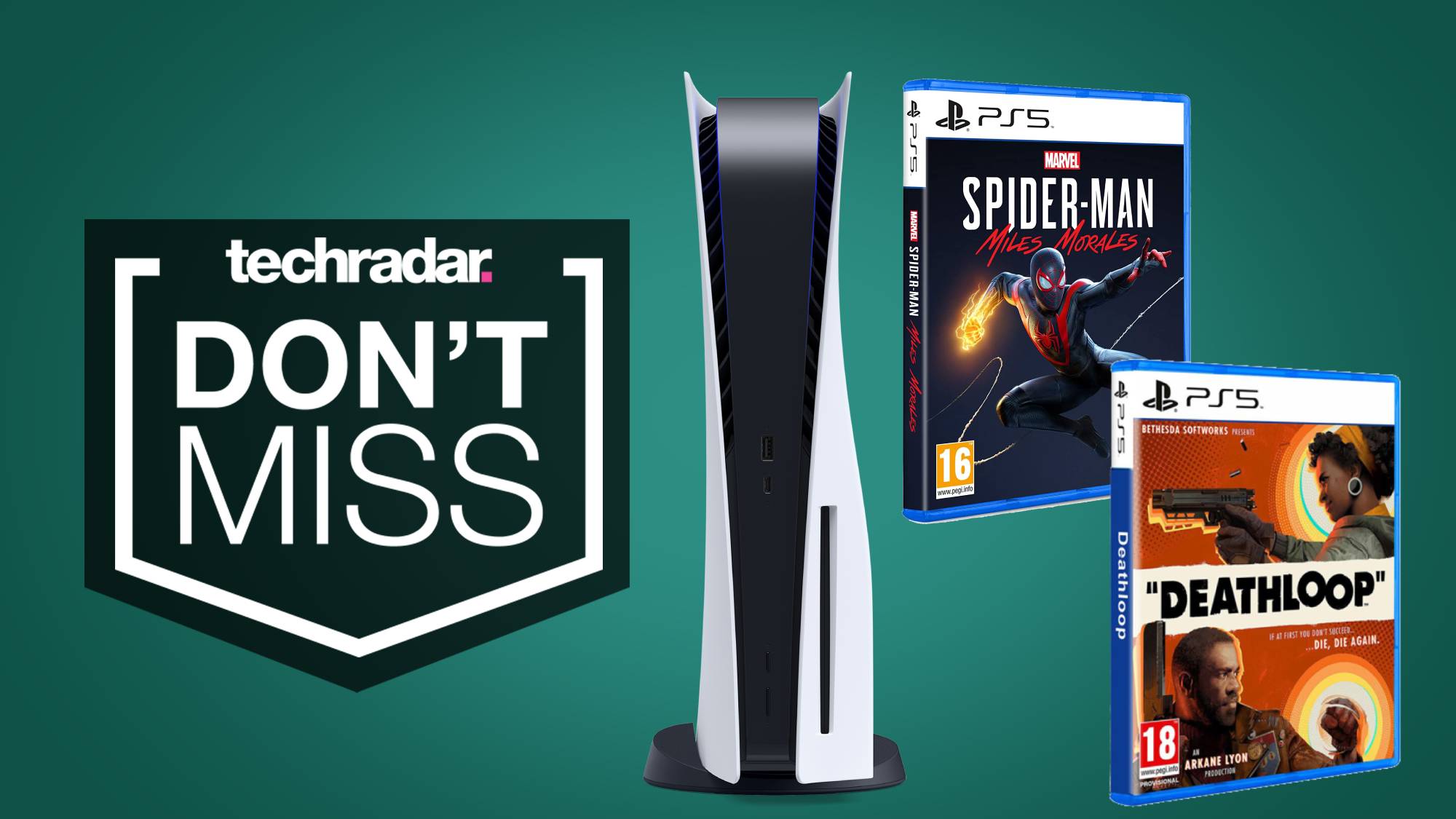 A PS5 next to boxart for Spider-Man: Miles Morales and Deathloop