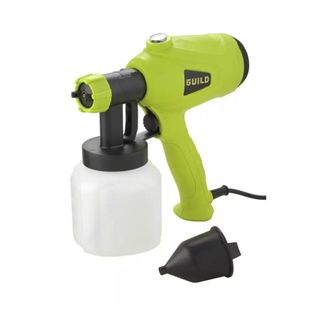 Lime green Guild Paint Spray Gun with black accents and white paint tub