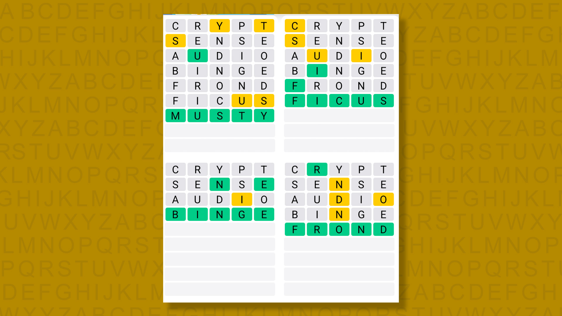 Quordle answers for game 1485 on a yellow background