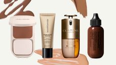 Lineup of the best lightweight foundations (L-R) from Laura Mercier, bareMinerals, Clarins and MAC, on a beige background with foundation swatches