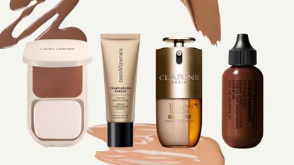 Lineup of the best lightweight foundations (L-R) from Laura Mercier, bareMinerals, Clarins and MAC, on a beige background with foundation swatches