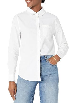 Amazon Essentials Women's Classic-Fit Long-Sleeve Button-Down Poplin Shirt, White, Small