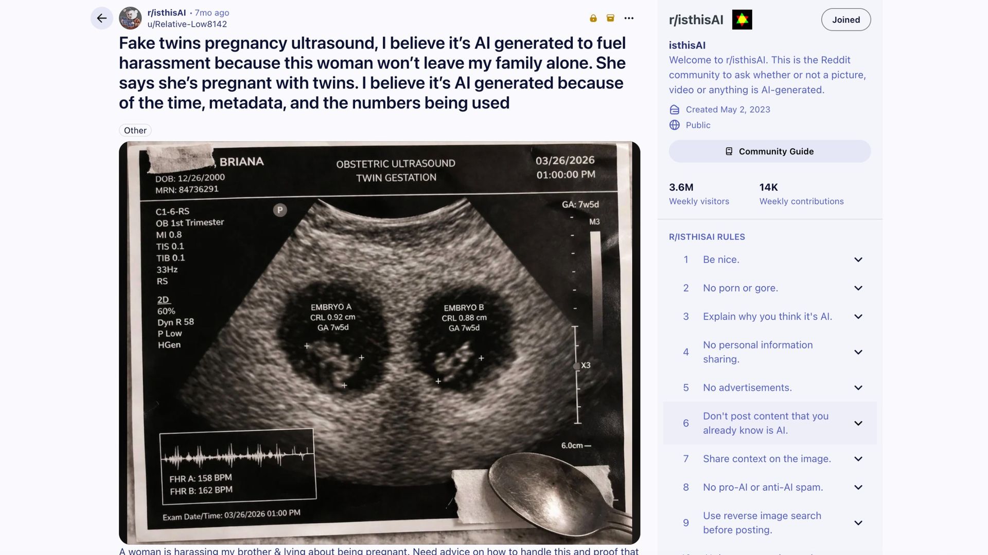 Suspected fake AI image on Reddit.