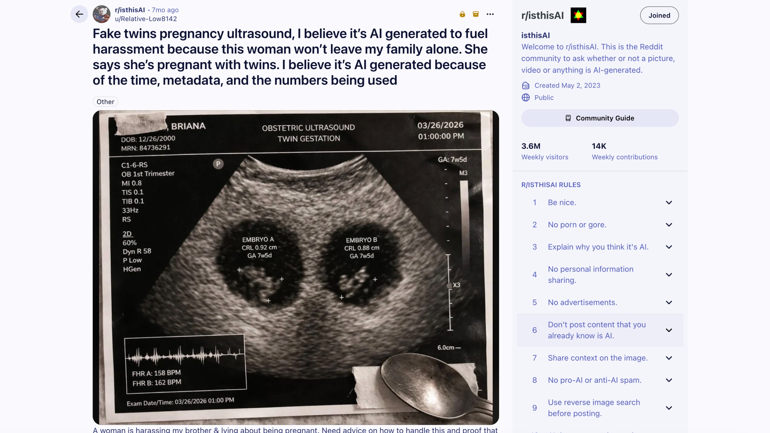 Suspected fake AI image on Reddit.