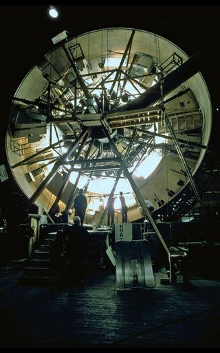 At 38 feet in diameter and 30 tons, "2001"’s centrifuge, seen here from outside, was one of the largest and most expensive kinetic sets ever built. The centrifuge allowed actors to be filmed walking fully around the "walls" and "ceiling" of a round spaceship with artificial gravity.