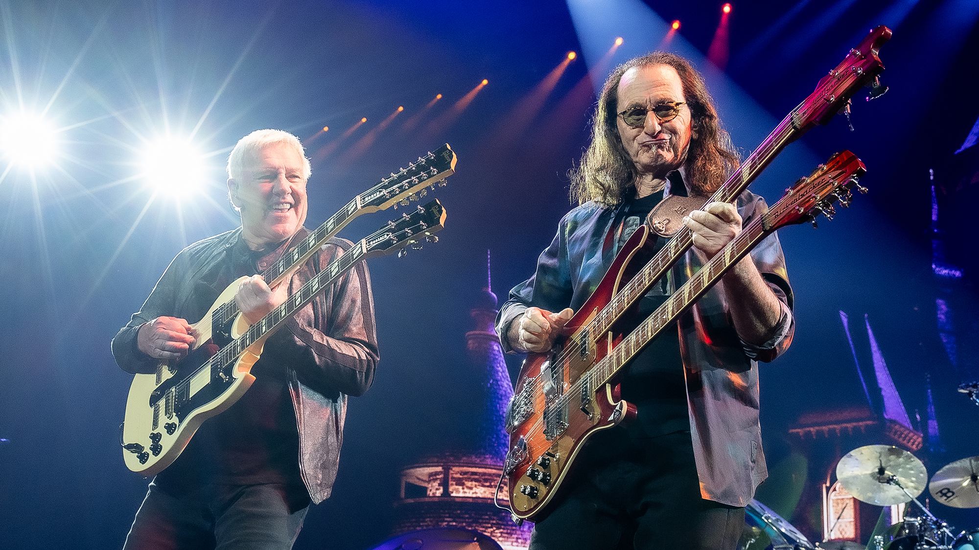 Alex Lifeson (L) and Geddy Lee of Rush perform in concert during the "Rush: Fifty Something" tour at Dickies Arena on July 11, 2026 in Fort Worth, Texas