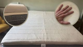 The Birch Plush Organic Mattress Topper on a memory foam bed. Two circular frames in the foreground feature close-up shots of the bed topper.