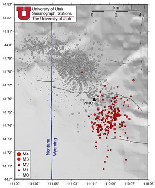 The earthquakes recorded during the current swarm in Yellowstone National Park (shown in red), along with the location of earthquakes during the summer 2017 swarm (shown in gray).