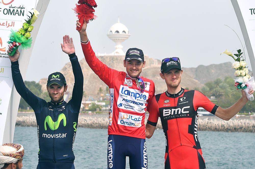 Rafael Valls celebrates Tour of Oman victory ahead of Tejay van Garderen and Alejandro Valverde.