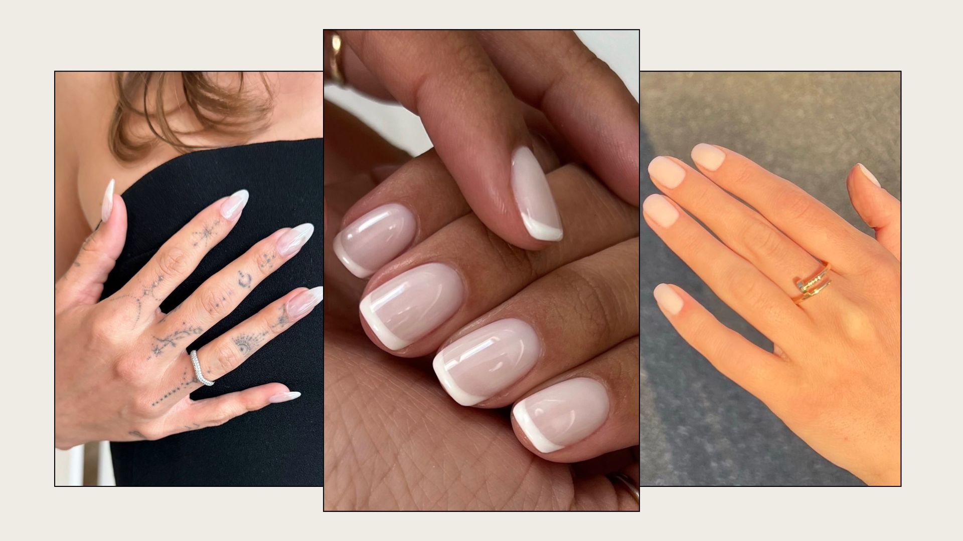 Collage of Hailey Bieber nails with OPI Funny Bunny nail polish with chrome, a short French manicure with OPI Funny Bunny and a short manicures with a coat of Funny Bunny
