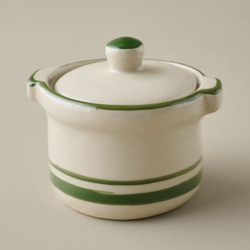 Green and white ceramic butter dish with lid