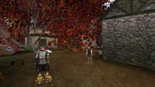 A scene from the Morrowind randomiser mod, showing a chaotic mish-mash of character textures and biomes.