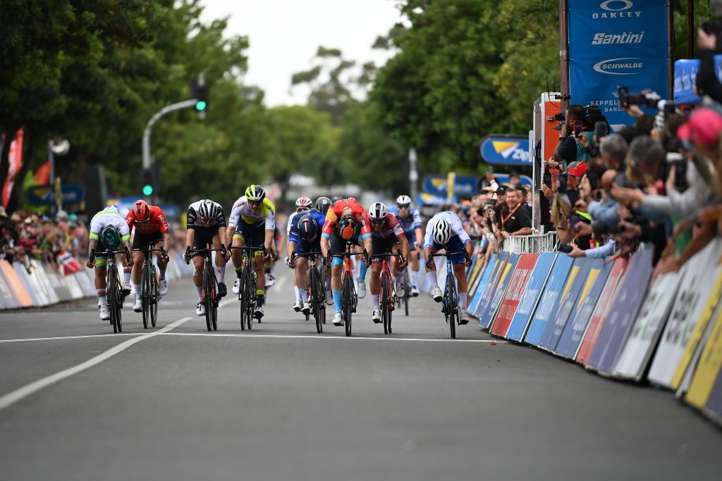 TANUDAZ AUSTRALIA JANUARY 18 LR Caleb Ewan of Australia and Australian National Team Hugo Hofstetter of France and Team Arkea Samsic Alessandro Covi of Italy and UAE Team Emirates Hugo Page of France and Team Intermarche Circus Wanty Paul Penhoet of France and Team Groupama FDJ Phil Bauhaus of Germany and Team Bahrain Victorious Emils Liepins of Latvia and Team Trek Segafredo and Michael Matthews of Australia and Team Jayco Alula sprint to win during the 23rd Santos Tour Down Under 2023 Stage 1 a 1499km stage from Tanunda to Tanunda on January 18 2023 in Tanunda Australia Photo by Tim de WaeleGetty Images