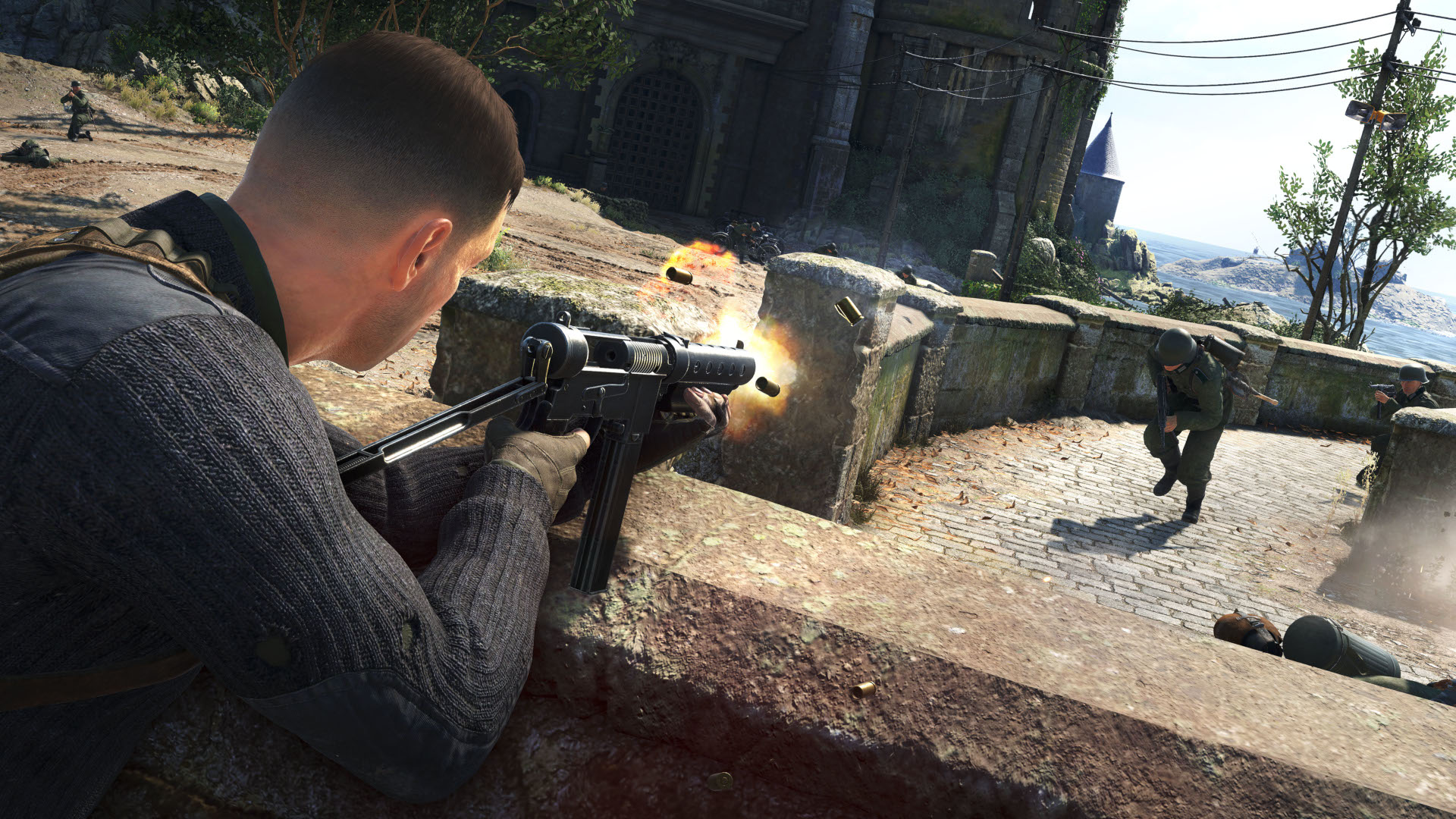 A soldier shoots from behind a low wall in Sniper Elite 5