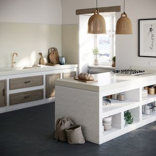 White kitchen with white worktops and open shelving
