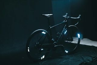A bike equipped with The Beam Wheel Flash adhesive reflectors on the wheels