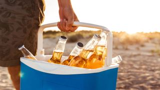 Man carrying beers in coolbox on a beach