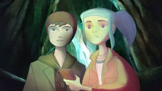 Two characters in Oxenfree standing in a cave, looking anxious