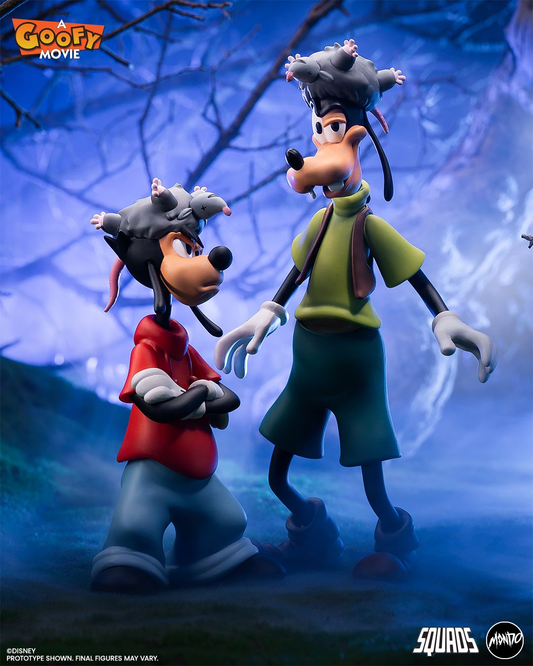 A Goofy Movie figures posing against themed backgrounds