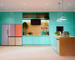 Blue kitchen with samsung fridge