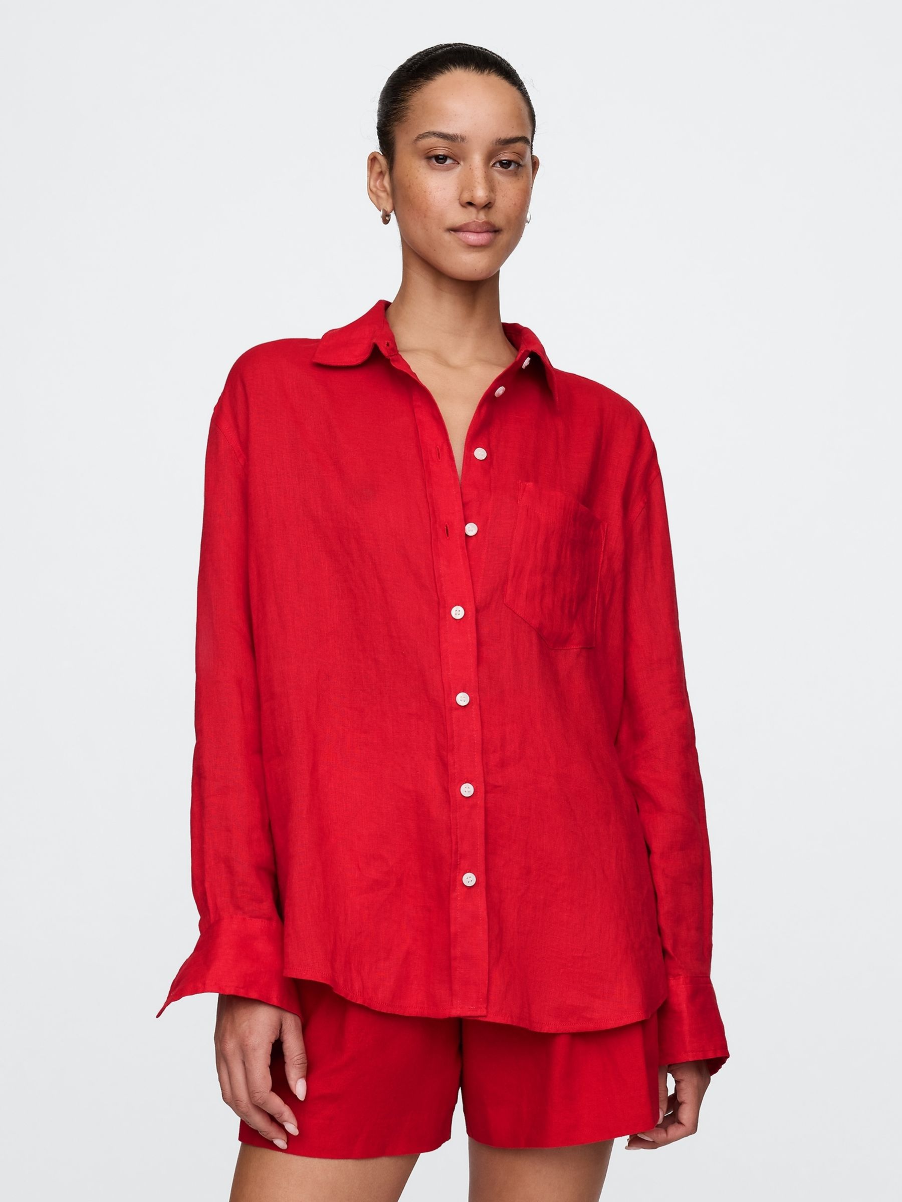 Red 100% Linen Oversized Shirt